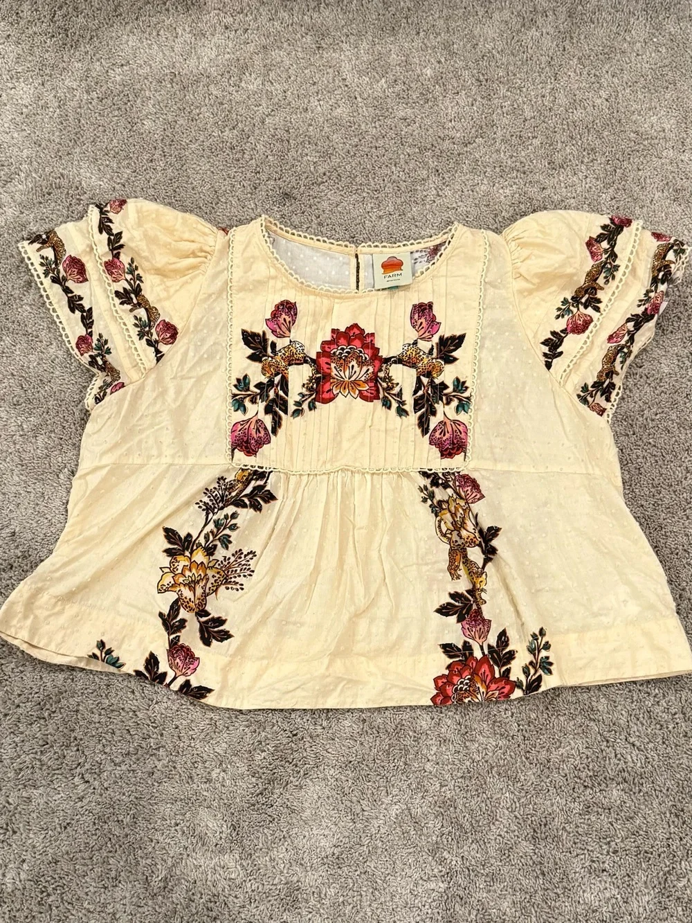 FARM Rio Cream Embroidered Floral Puff-Sleeve Top